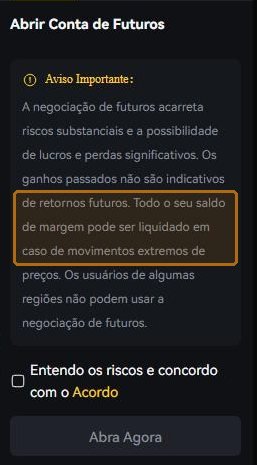Antes de abrir a conta de futuros, a corretora pede que você leia isto. Vale ler devagar a linha do saldo de margem.