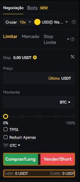 O formulário de futuros com a conta aberta. Repare que os botões não são “comprar” e “vender”, e sim long e short — e que o custo aparece embaixo de cada um.