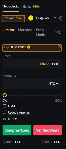 Modo de margem e alavancagem, no alto do formulário. É a decisão mais cara da tela, e a mais fácil de passar batido.