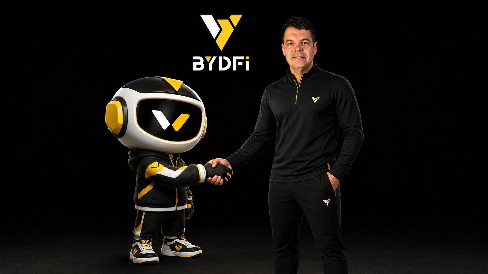 Renato Ulianov e o mascote da BYDFi, apertando as mãos